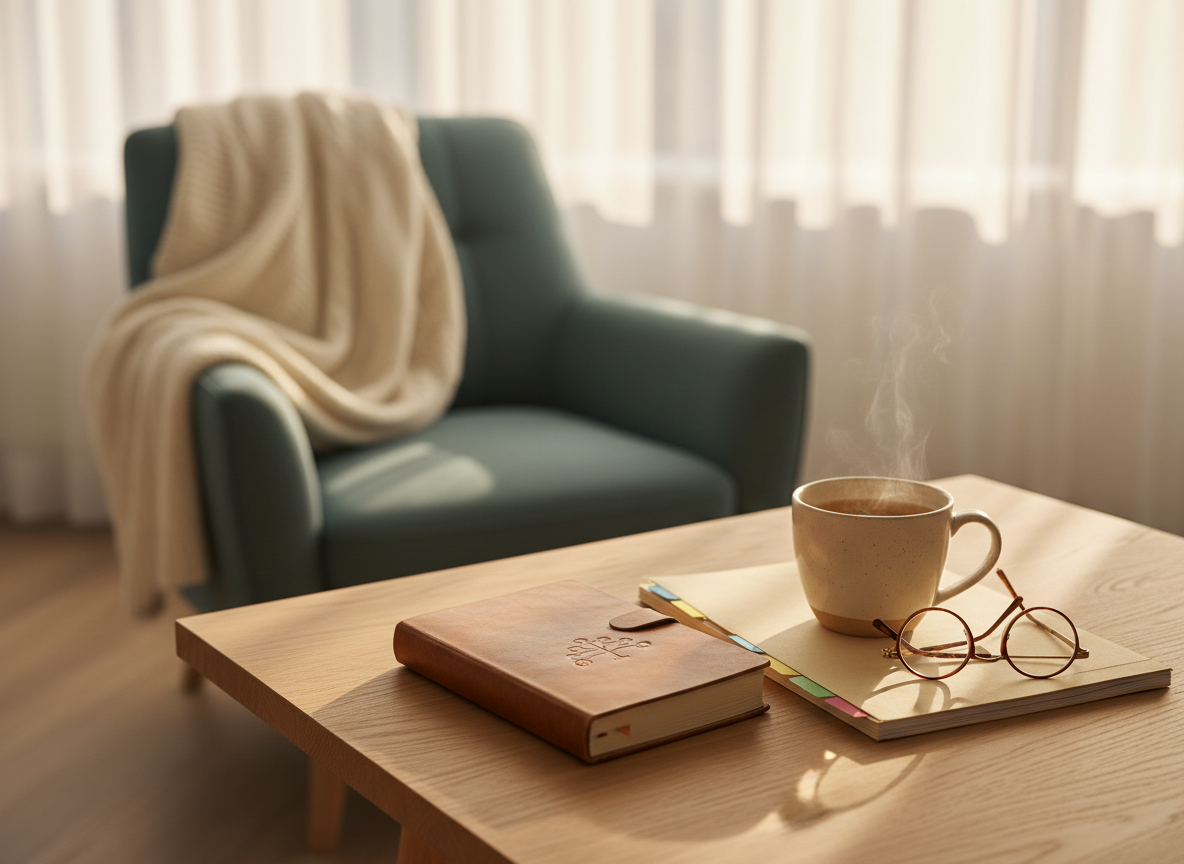 A tidy wooden writing desk in a bright, lived‑in apartment, topped with a closed, well‑worn notebook labeled only by a small family tree icon and a simple ceramic mug of herbal tea. Beside the notebook lies a neatly organized folder with visible colored tabs, and a pair of reading glasses rests carefully on top. In the background, slightly out of focus, a soft armchair with a folded knitted blanket suggests the presence of an older family member. Warm afternoon sunlight pours through a sheer‑curtained window, casting gentle, comforting shadows. Photographic realism at eye level with a shallow depth of field creates a calm, professional, and reassuring mood, evoking thoughtful family caregiving without showing any people.